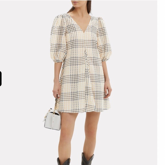 Ganni Dresses & Skirts - GANNI SEERSUCKER CHECK MINI DRESS IN IVORY SIZE EU 38. US 8